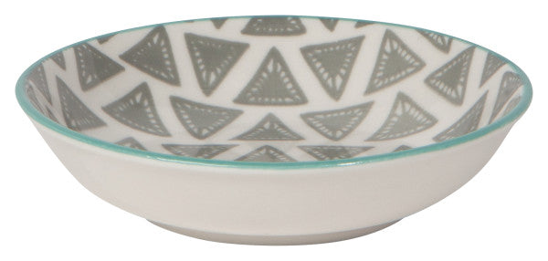 side view of dish with grey triangles on the interior and turquoise rim.