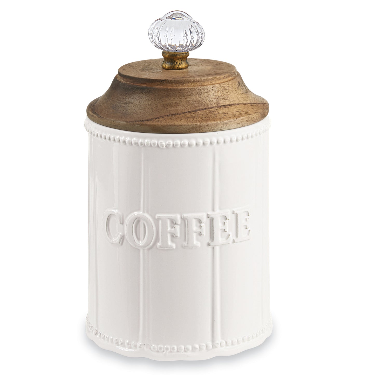 door knob coffee canister is white and has a wooden lid with a glass knob on top on a white background