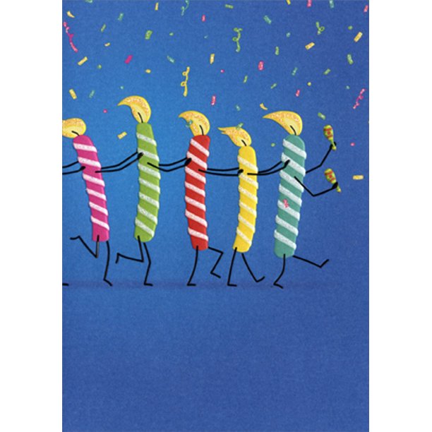 front of card is blue and has several candles with arms and legs in a conga line 