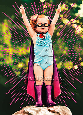 front of card is a photograph of a little girl wearing a super hero costume and arms raised above her head
