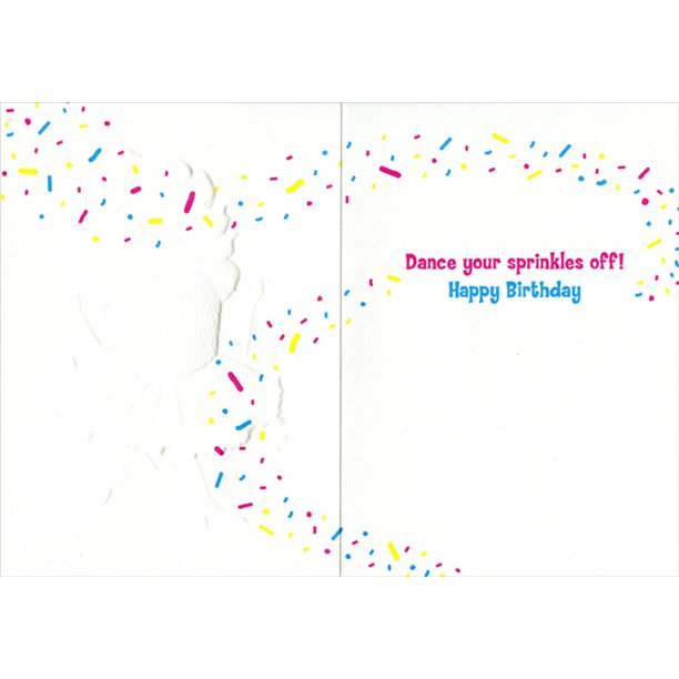 inside card has more sprinkles swirling around and text "dance your sprinkles off! happy birthday