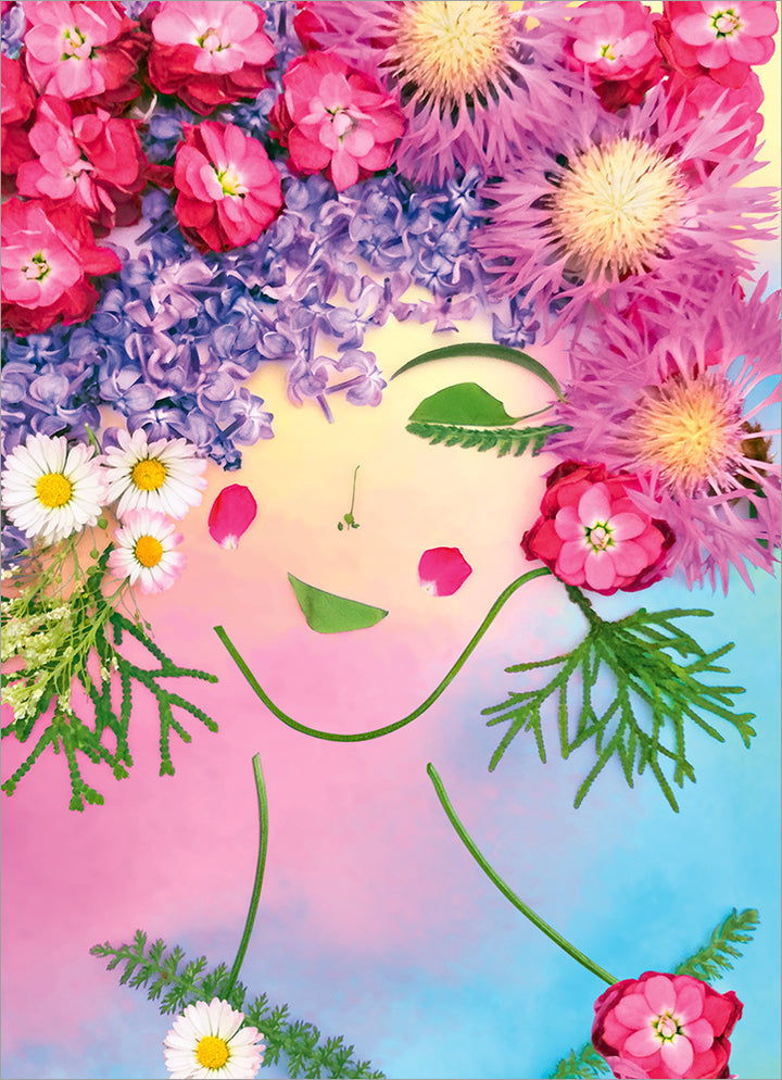 front card has illustration of the outline of a woman with hair made from all types of flowers