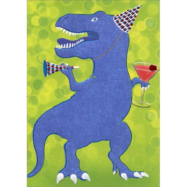 front of card is a dinosaur in a party hat, horn and a martini