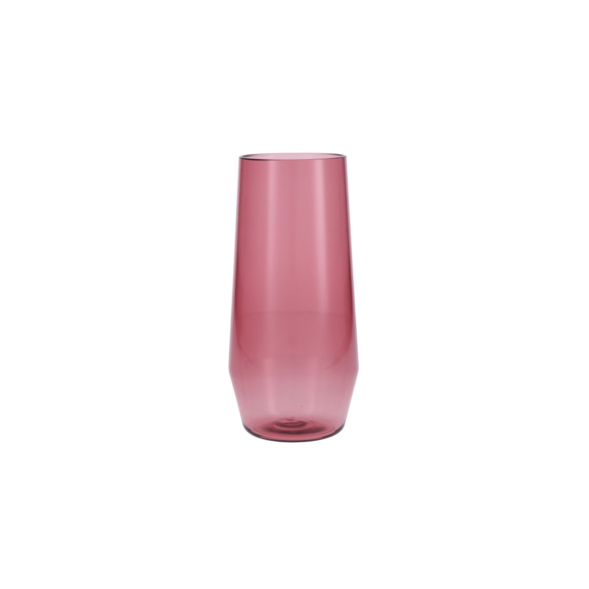 tall narrow rose colored drinking glass on white background.