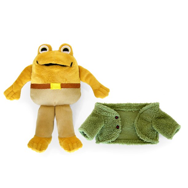 plush toad doll with jacket off on white background.