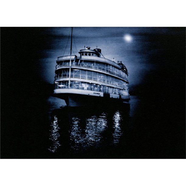 front of card is a photograph a moon lit cruise ship