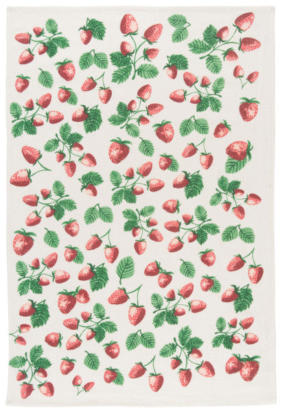 flat off-white towel with and all-over strawberry design.