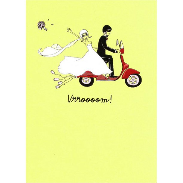 front of card is a drawing of a wedding couple on a moped and front text