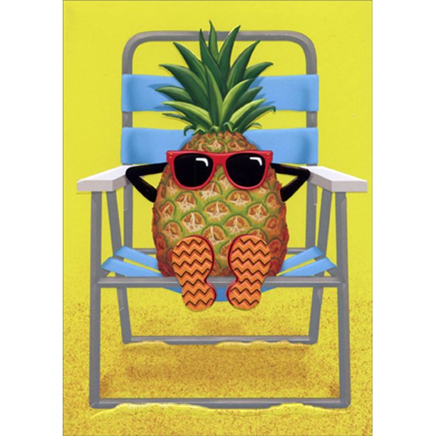 front of card is a drawing of a pineapple wearing glasses and relaxing in a beach chair in the sand