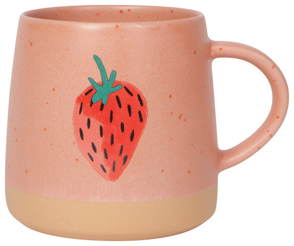 speckled pink mug with strawberry graphic on it.