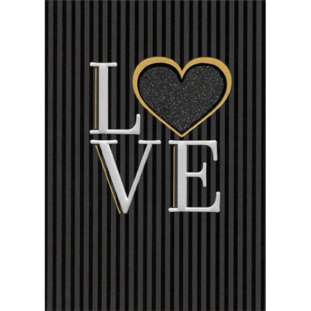 front of card is a pinstrip black background with the letters L O V E and the O is in the shape of a heart