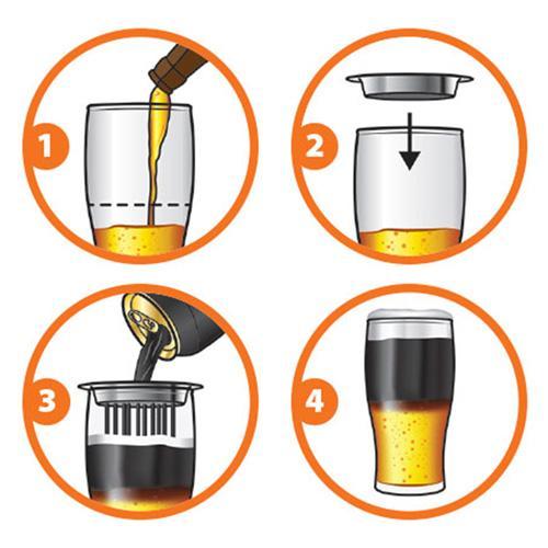 illustrations on how to use the black and tan beer layering tool and glass on a white background