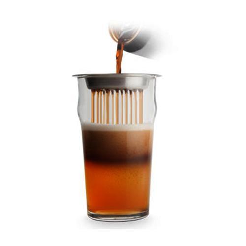 black and tan beer glasses being filled with the layering tool on a white background