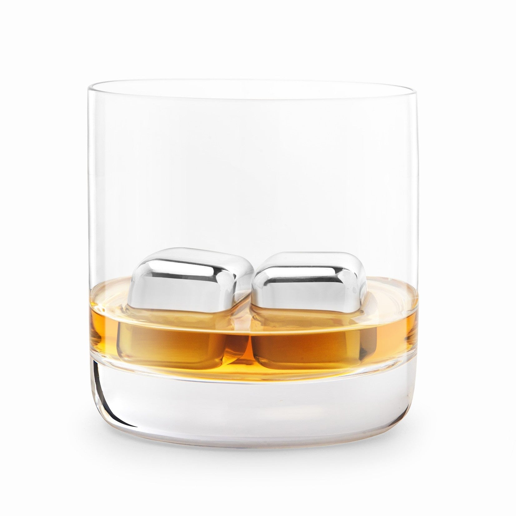 the set of stainless steel chilling cubes in a glass with liquid on a white background