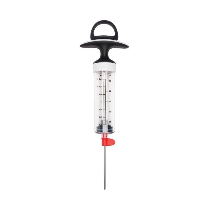 injector with black handle and measurement markings.