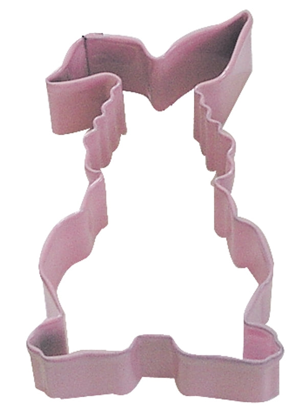 bunny shaped pink metal cookie cutter.