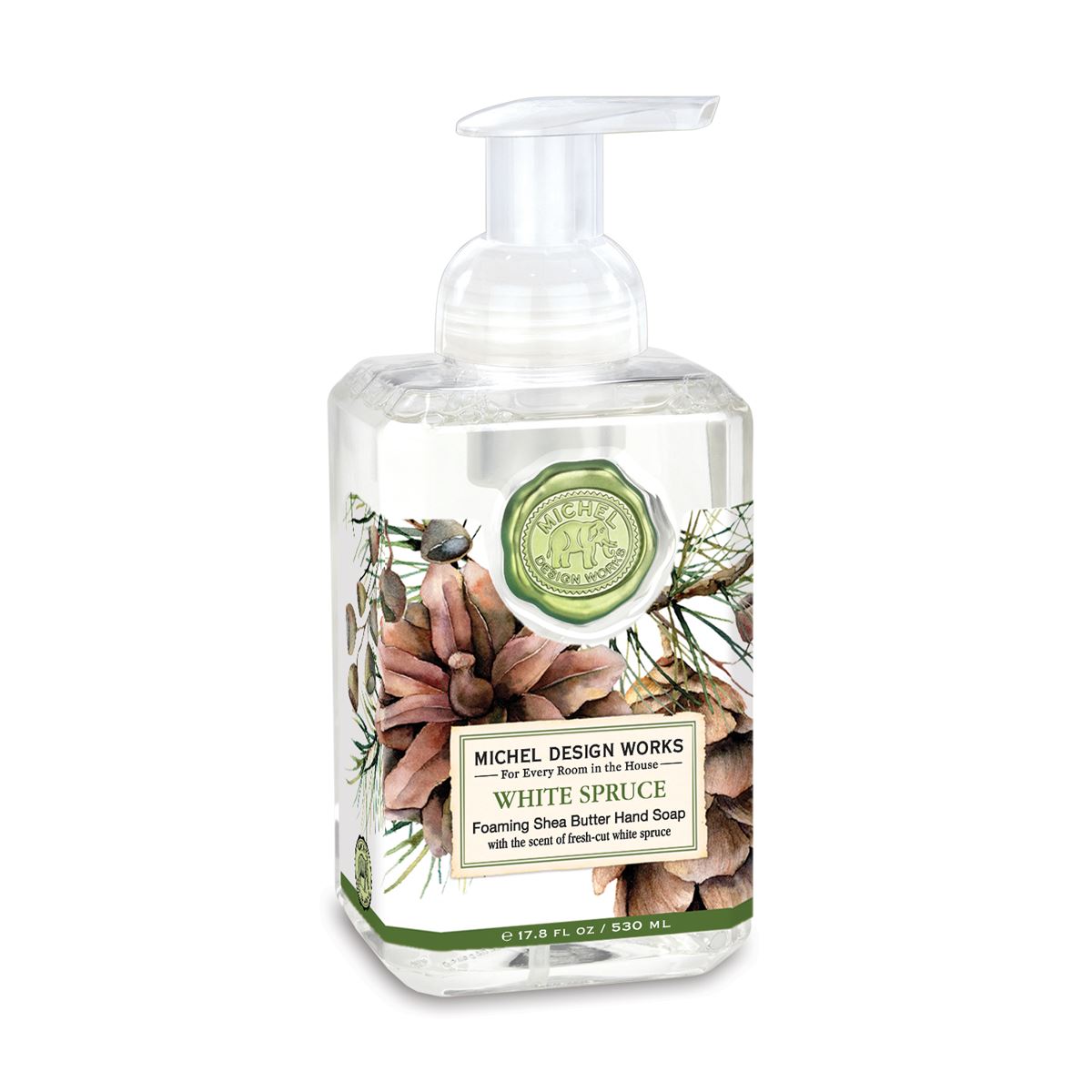 bottle of foaming hand soap with gold seal and spruce and pinecone design printed on label.