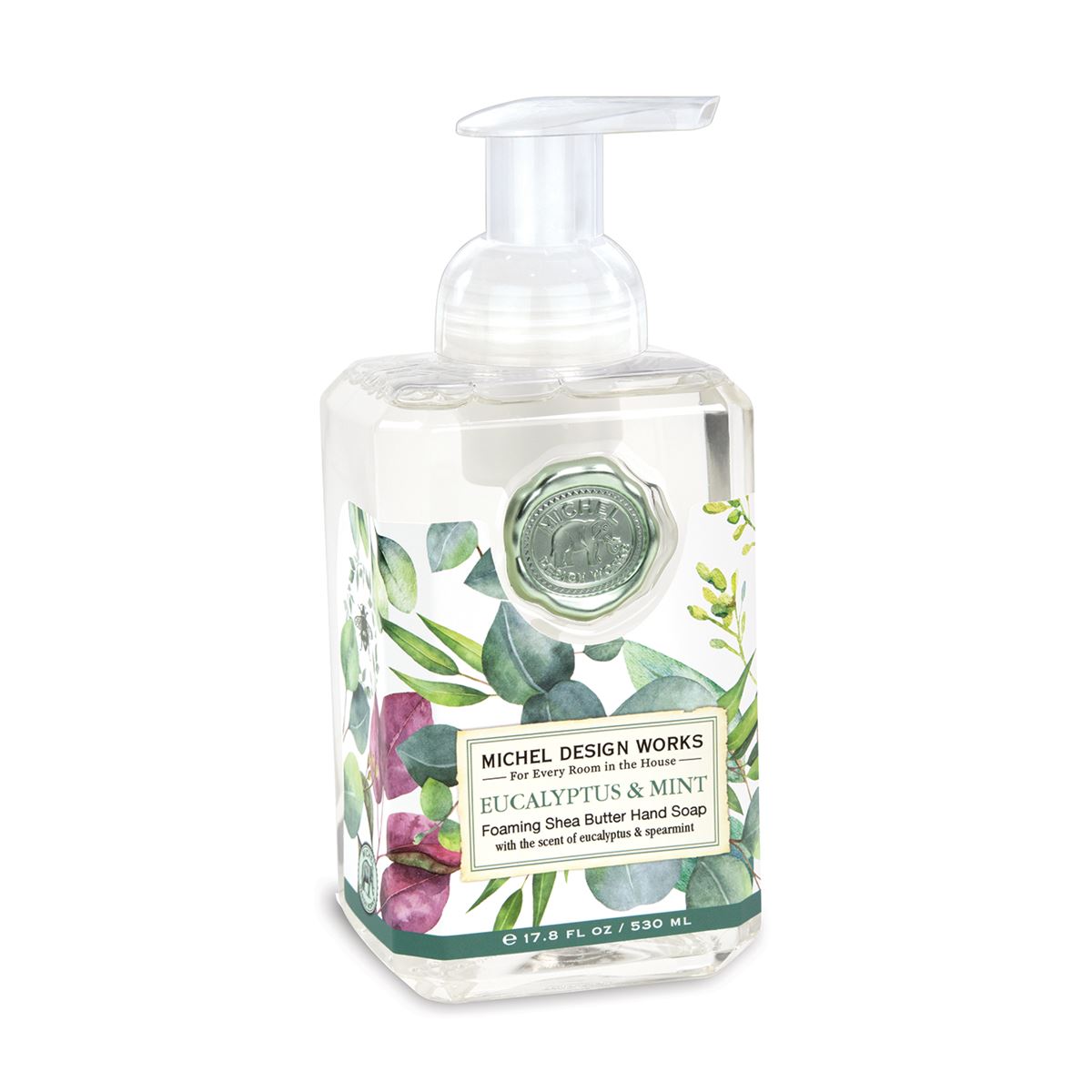 eucalyptus and mint foaming hand soap on a white background