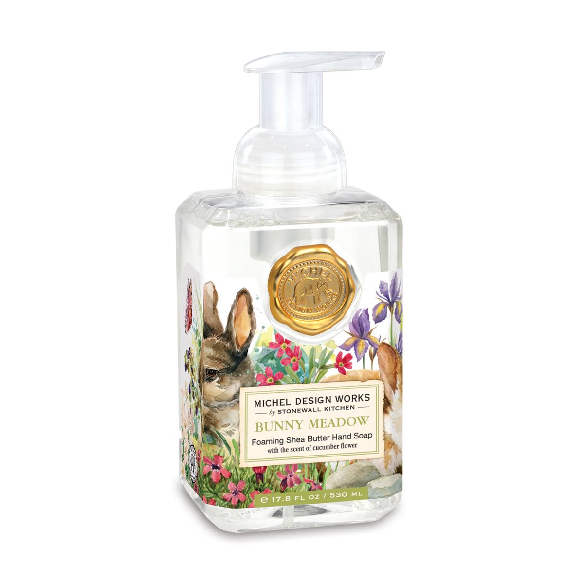 bottle of hand soap with bunnies and flowers on lable.