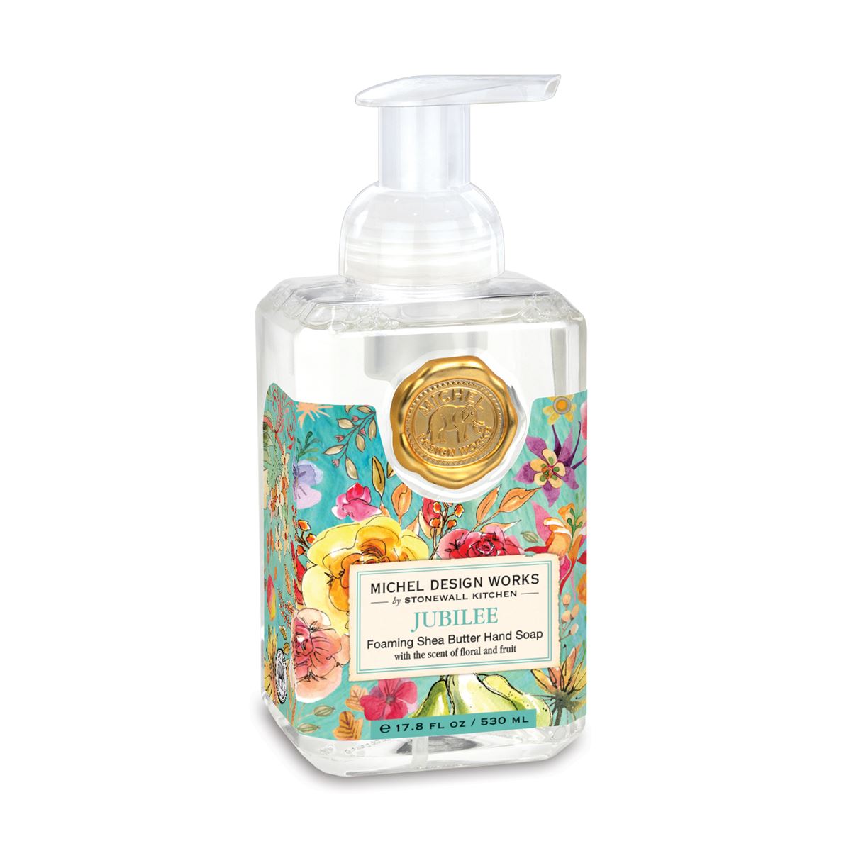 pump bottle of hand soap with a colorful floral design lable and golden logo seal.