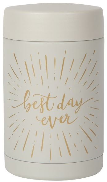ivory colored Thermus with gold starburst around text "best day ever".