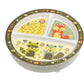 divided plate with flowers surrounding a colorful fox, racoon, and beaver on it.