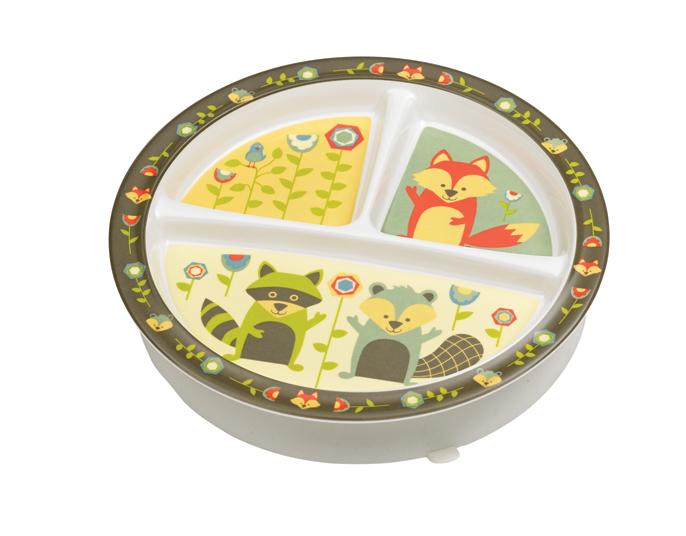divided plate with flowers surrounding a colorful fox, racoon, and beaver on it.