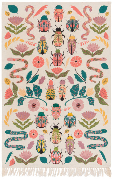 amulet embroidered dishtowel has bugs and flowers in hues of pinks and blues