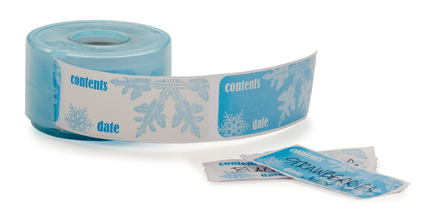 roll of blue and white freezer labels that have snowflakes in the background and "contents" and "date" printed on them.