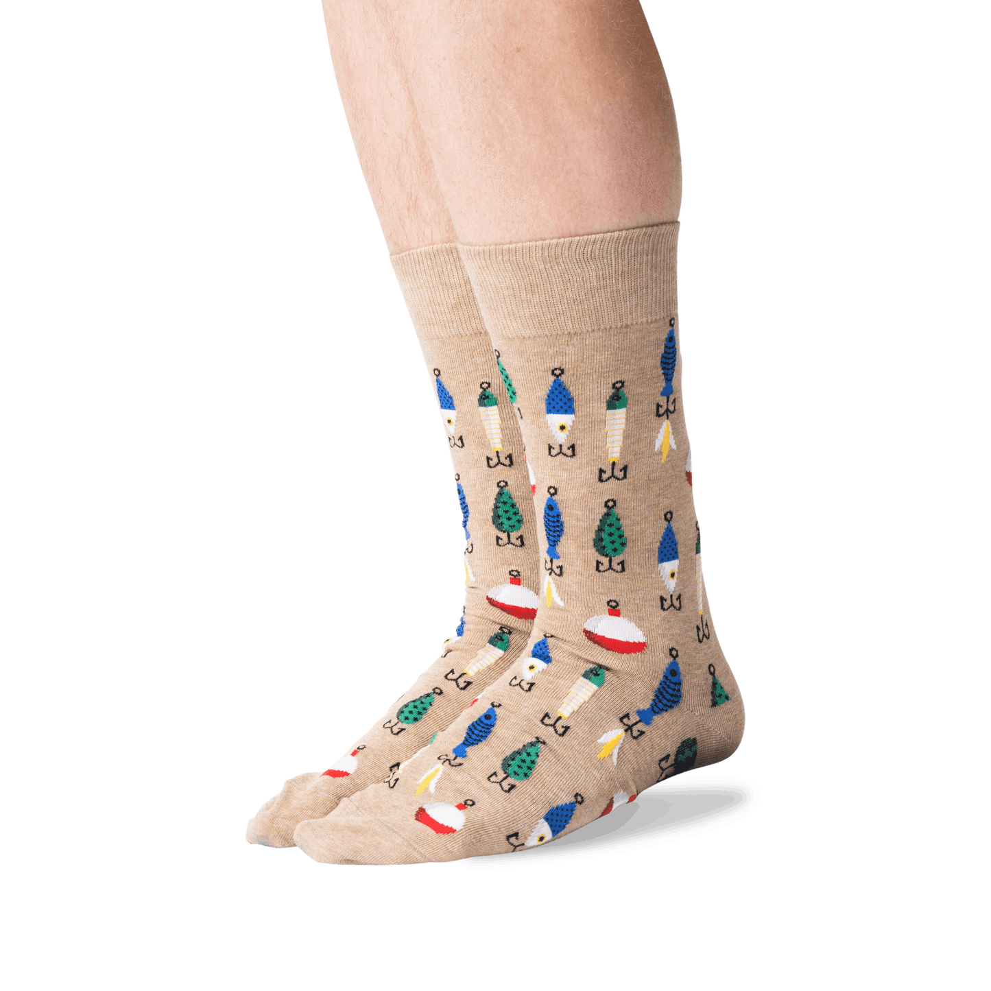 side view of a man wearing the fishing lures crew socks on a white background