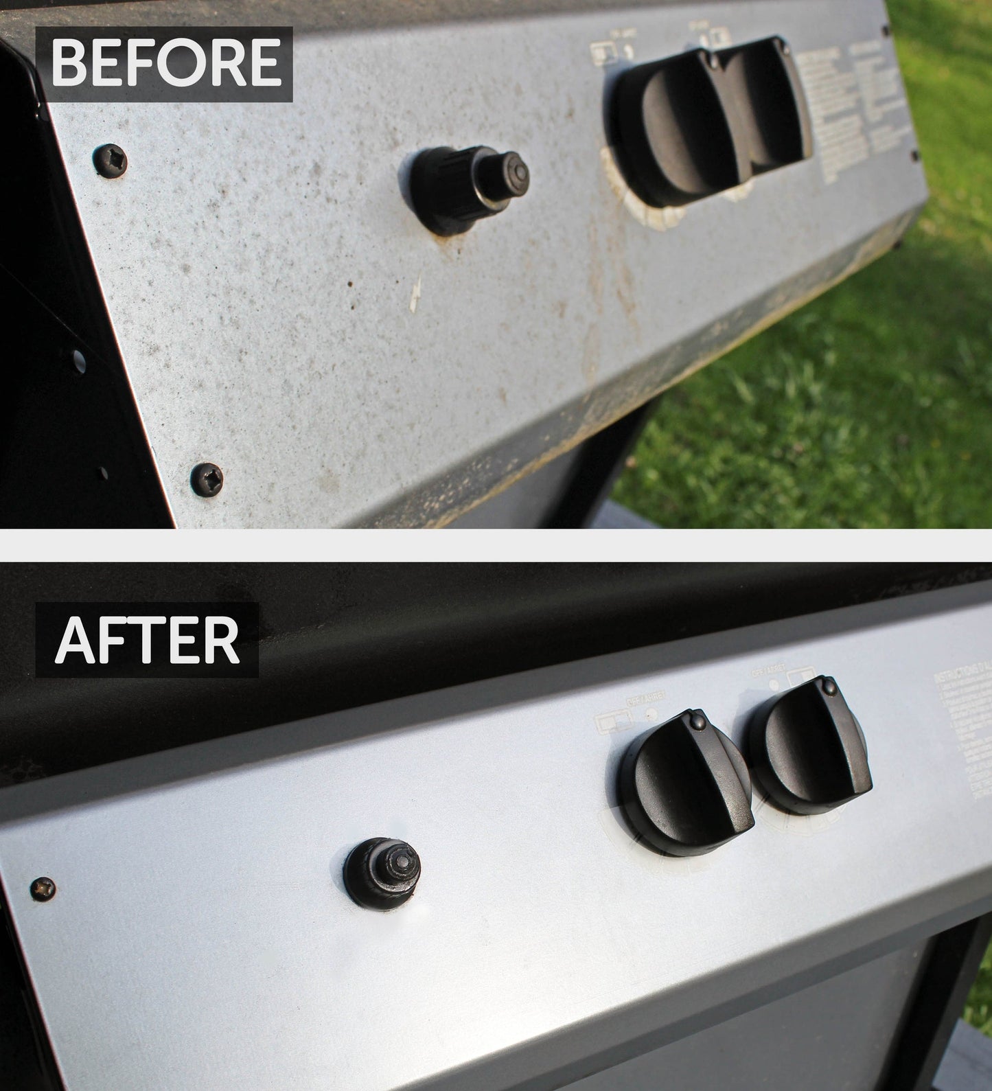 bbq grill illustrating before and after shots of using the cleaning oil