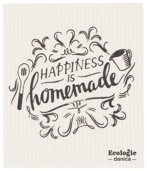 swedish dishcloth with text "happiness is homemade".