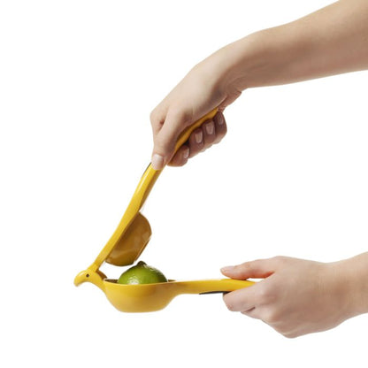 hands holding squeezer with lime in it.