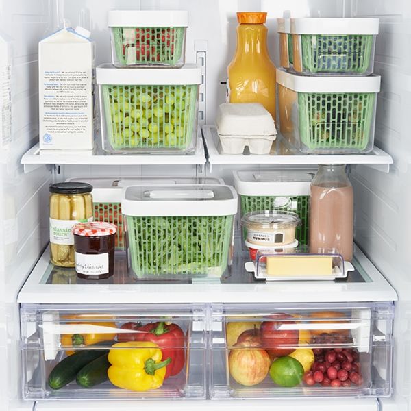 assorted sizes of greensavers stacked in refrigerators.