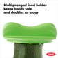 close-up of food holder with text "multi-pronged food holder keeps hands safe & doubles as a cap".