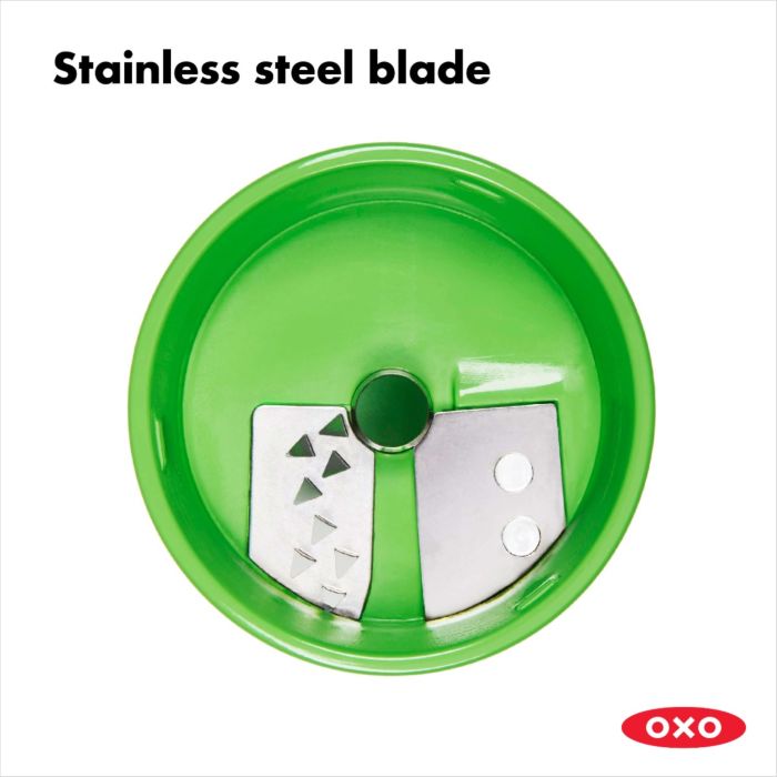close-up of blades with text "stainless steel blades".