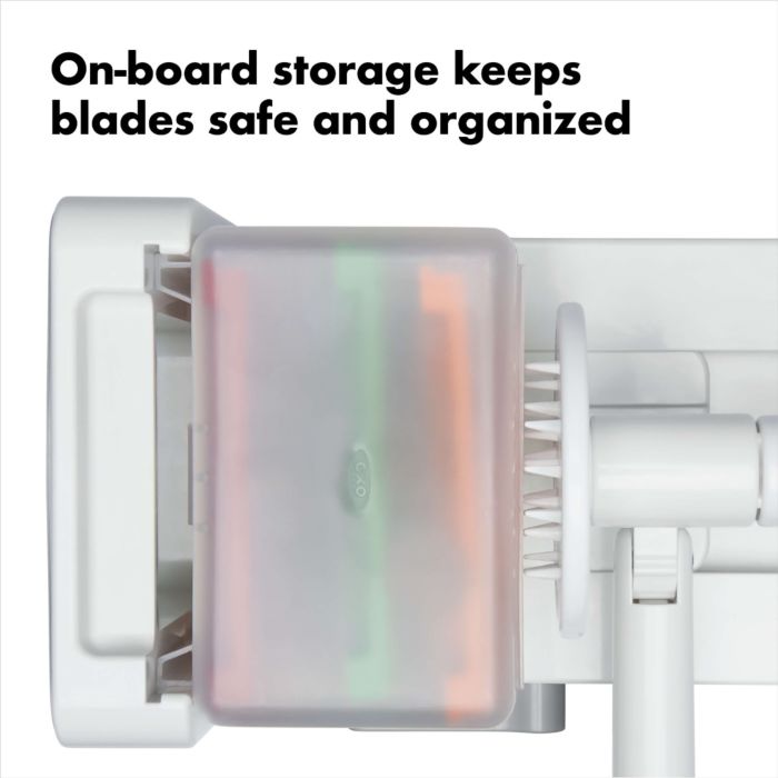 top view of storage box with text "on-board storage keeps blades safe and organized".
