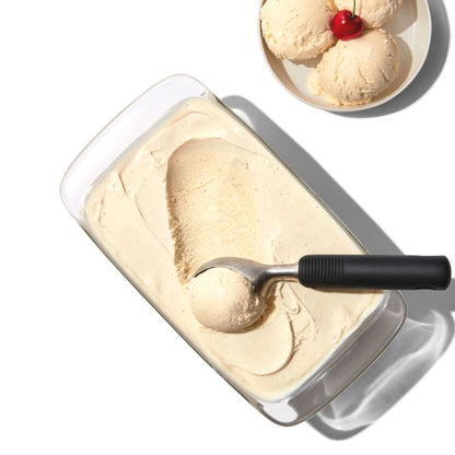 ice cream scoop in tub of ice cream and bowl of ice cream next to it.
