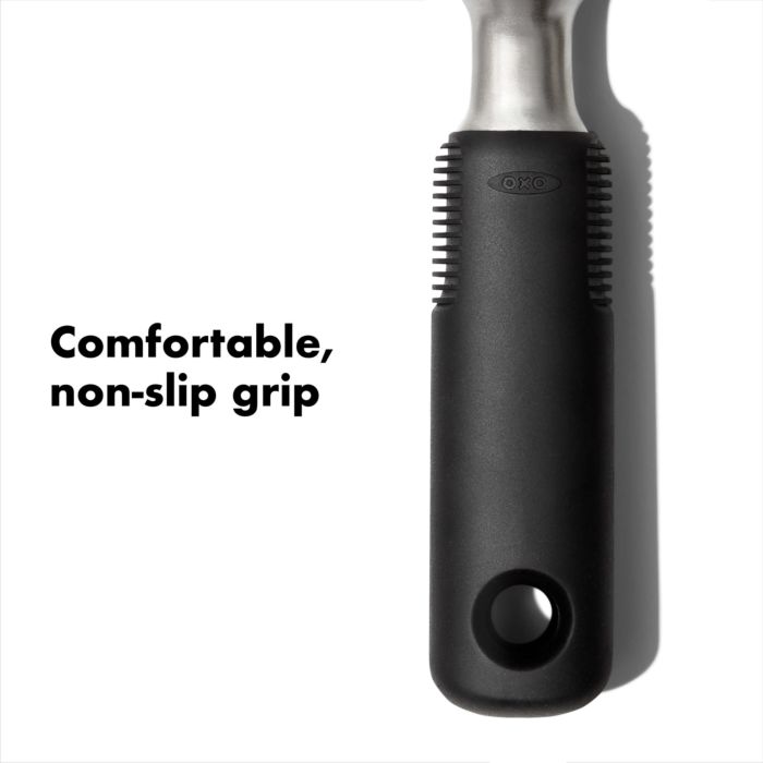 close-up of handle with text "comfortable non-slip grip".