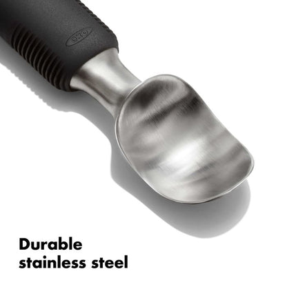 top view of scoop with text "durable stainless steel".