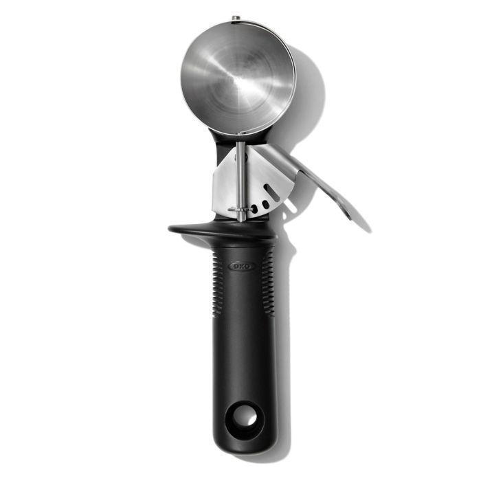 ice cream scoop with lever and black handle.