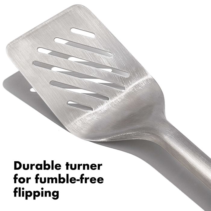 close-up of turner head with text "durable turner for fumble-free flipping".
