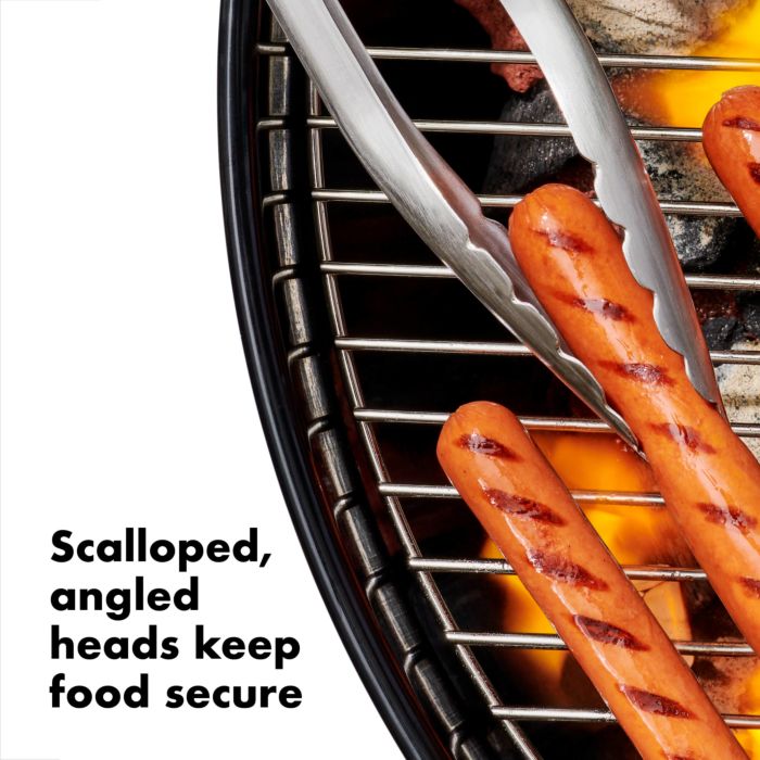 tonge picking up hot dog from grill with text "scalloped angled heads keep food secure".