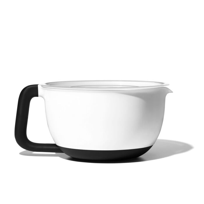 batter bowl with pouring spout, black base and handle, and lid.