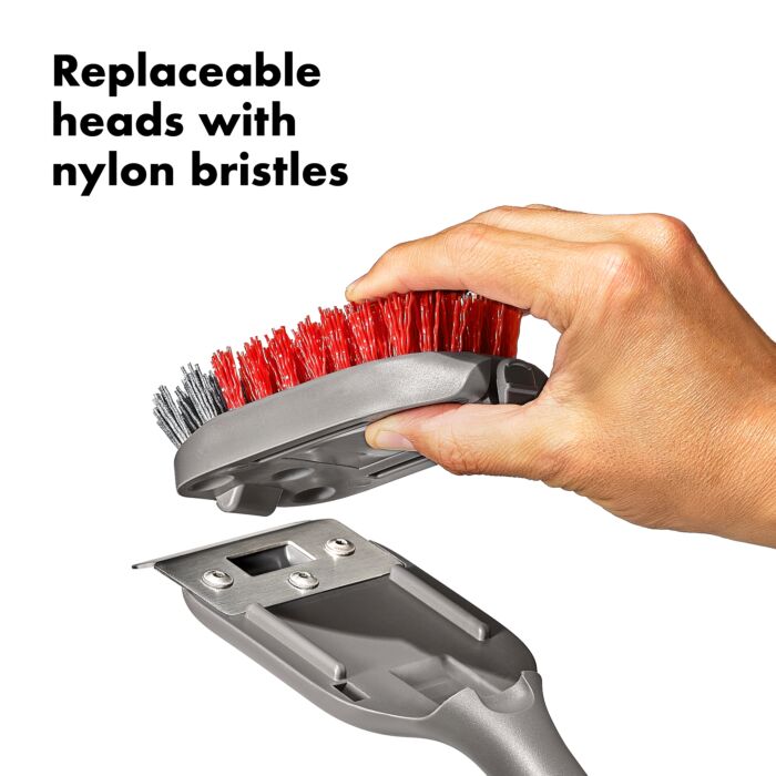 hand replacing bristle head with text "replaceable heads with nylon bristles".