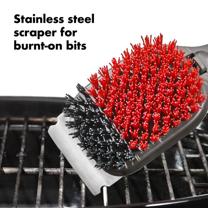 close-up of bristles with text "stainless steel scraper for burnt on bits".