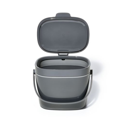 grey compost bucket with lid open.