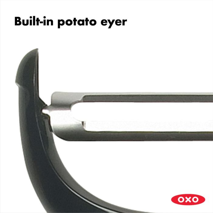 close-up of peeler blade with text "built-in potato eyer".