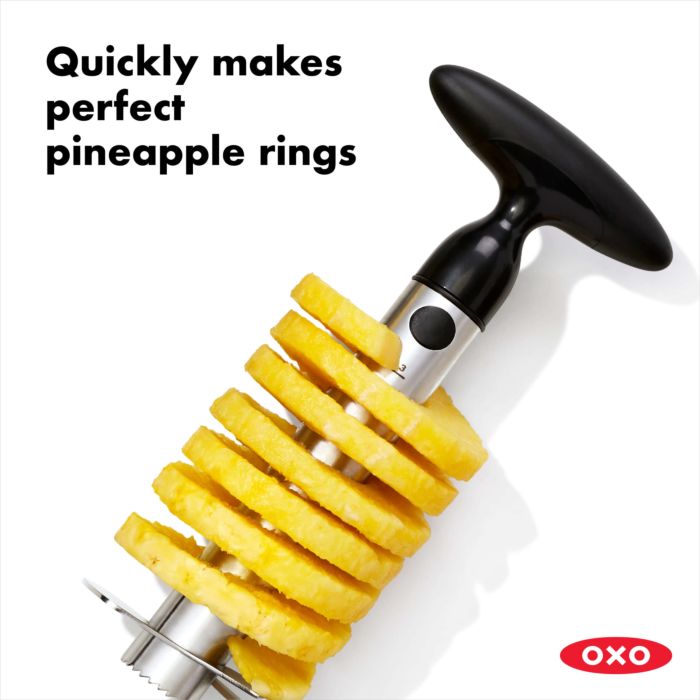 pineapple slicer with sliced pineapple on it and text "quickly makes perfect pineapple rings.