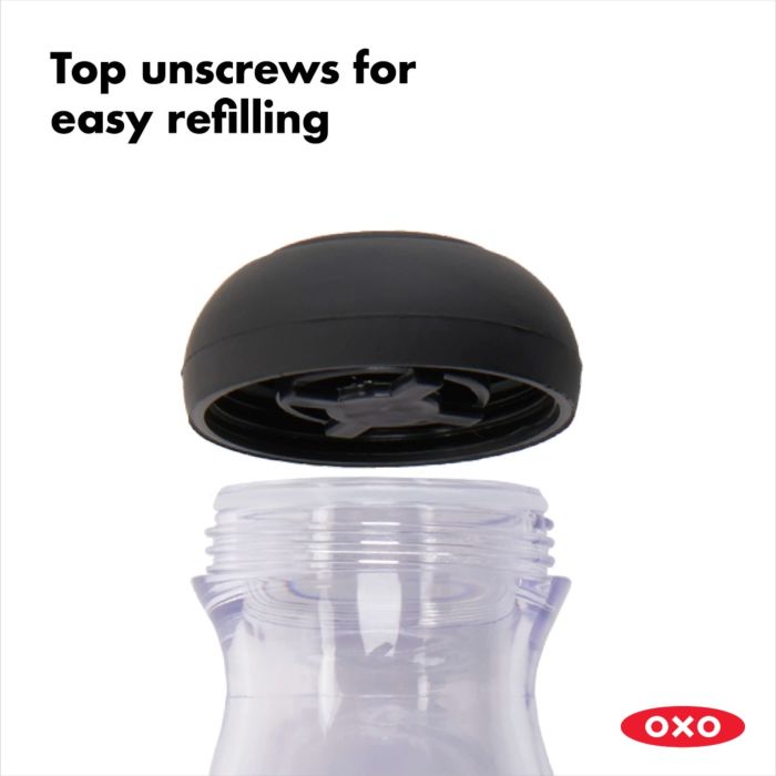close-up of lid removed with text "top unscrews for easy refilling".